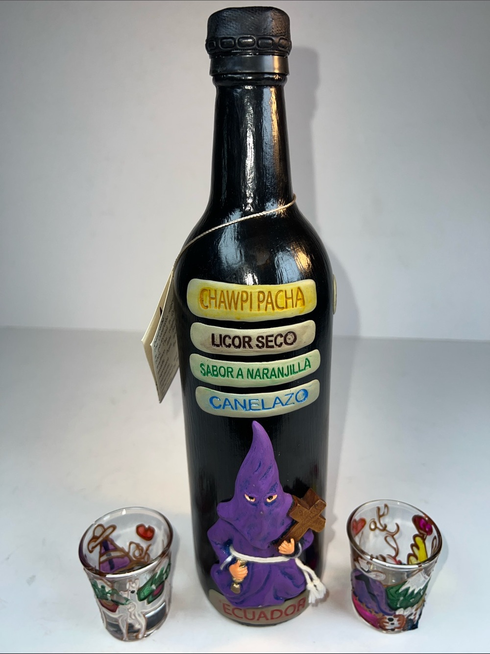 Black Bottle with Purple Figure & Shot Glasses - Ecuador